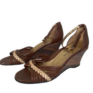 Taryn Rose Strappy Brown Orange Leather Wedge Sandals SZ 37 EU 6.5 US Heels EUC